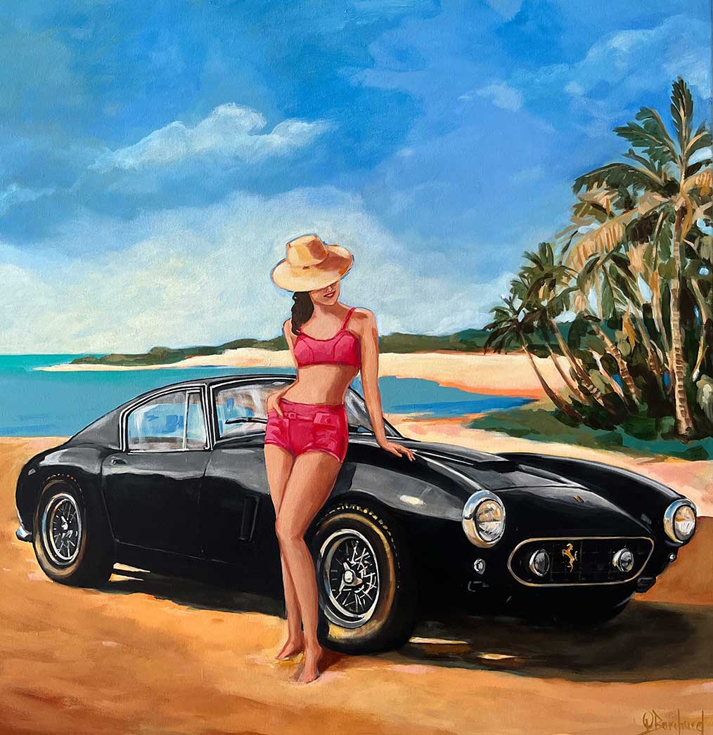 A Glenda Borchard painting of a young woman in a bikini leaning on a black Ferrari