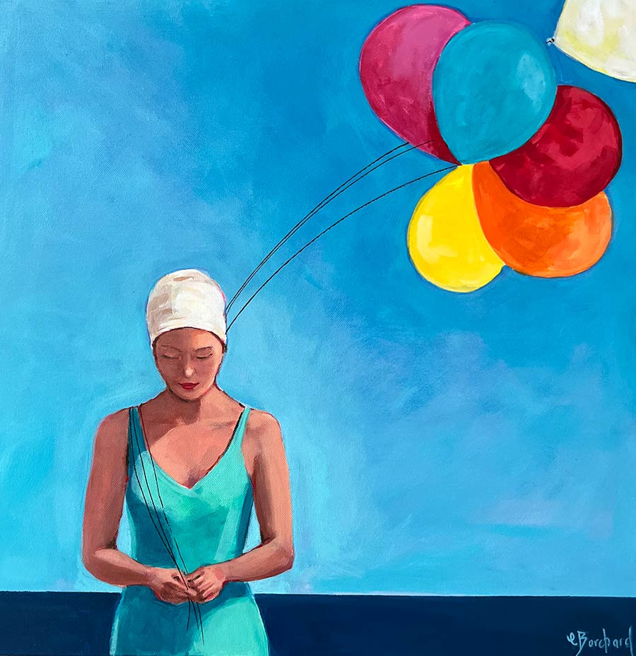 A Glenda Borchard painting of a young woman with balloons