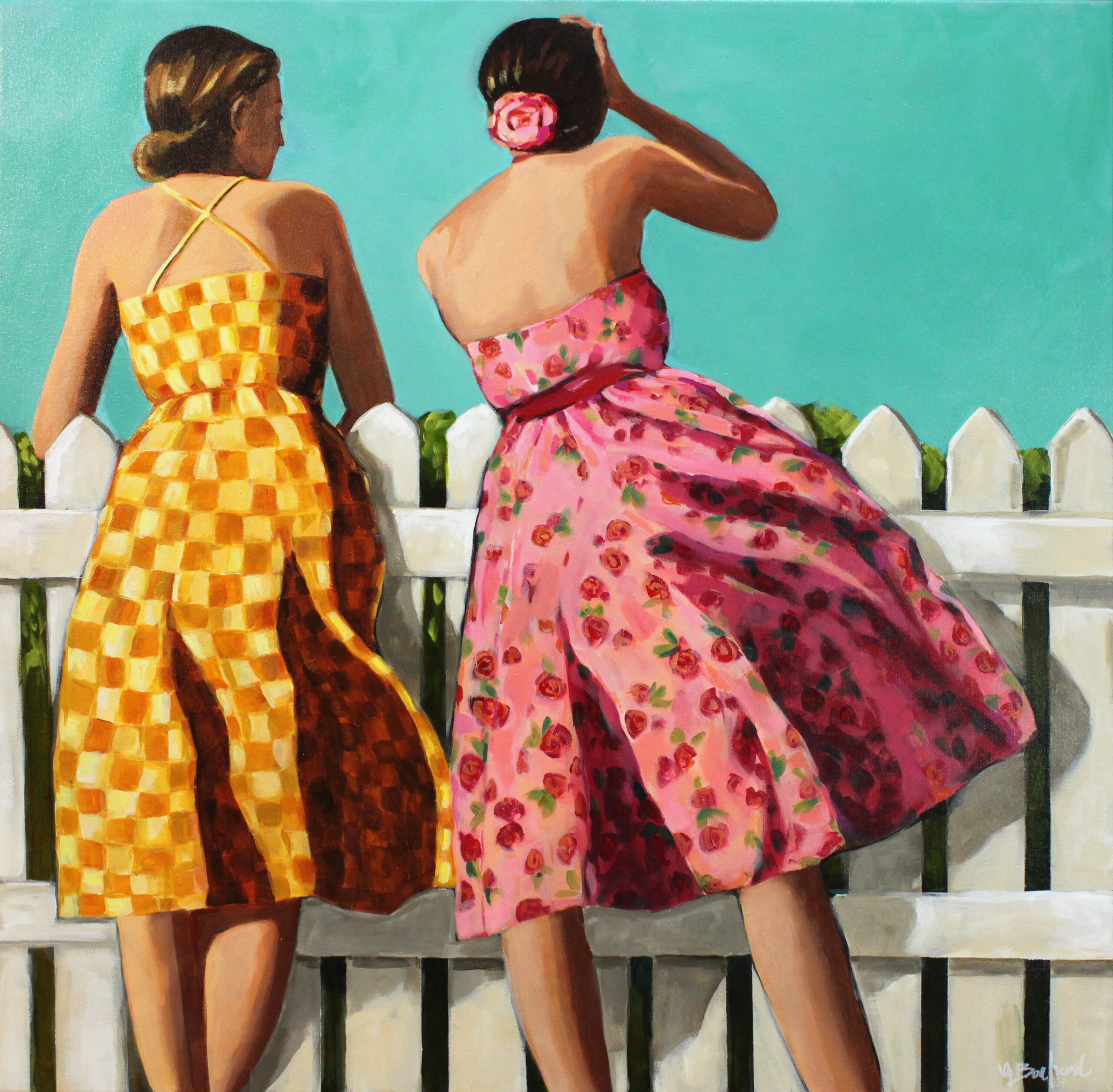 A Glenda Borchard painting of a two young women chatting while looking out into the distance