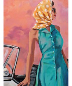 High resolution print of Glenda Borchard's painting of an elegant women with a yellow polka dotted headscarf in front of a classic sports car