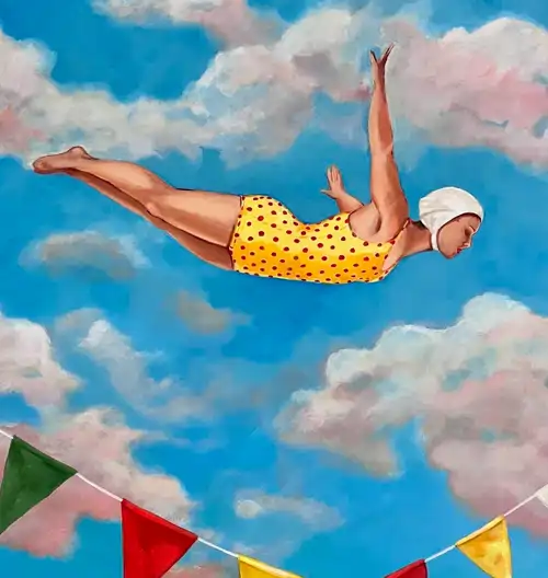 A Glenda Borchard painting of a young woman with balloons