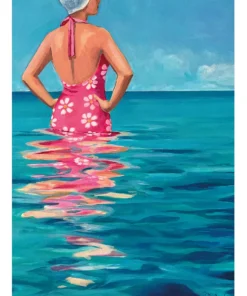 A Glenda Borchard painting of a young woman wading in the ocean