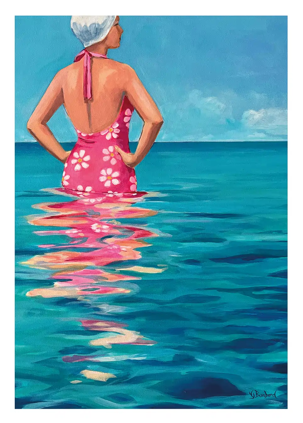 A Glenda Borchard painting of a young woman wading in the ocean