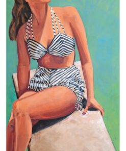 High resolution print of Glenda Borchard's painting of an elegant woman in a striped two piece swimsuit resting on a diving board