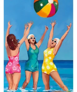 High quality print of Glenda Borchard's painting of a group of young women playing with a beach ball while wading in the water